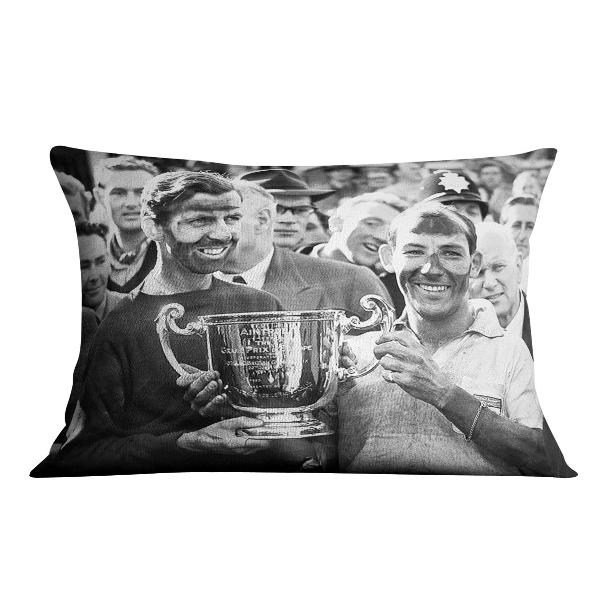 A vibrant abstract cushion featuring Stirling Moss and Tony Brooks design, made from luxurious vegan faux suede with plump filling.