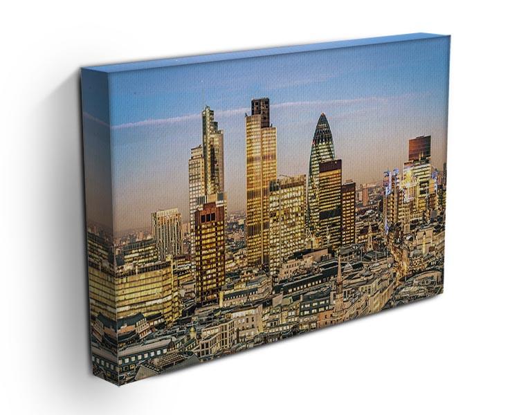 Canvas print of Stock Exchange Tower and Lloyds of London, showcasing iconic architecture in vibrant colors.