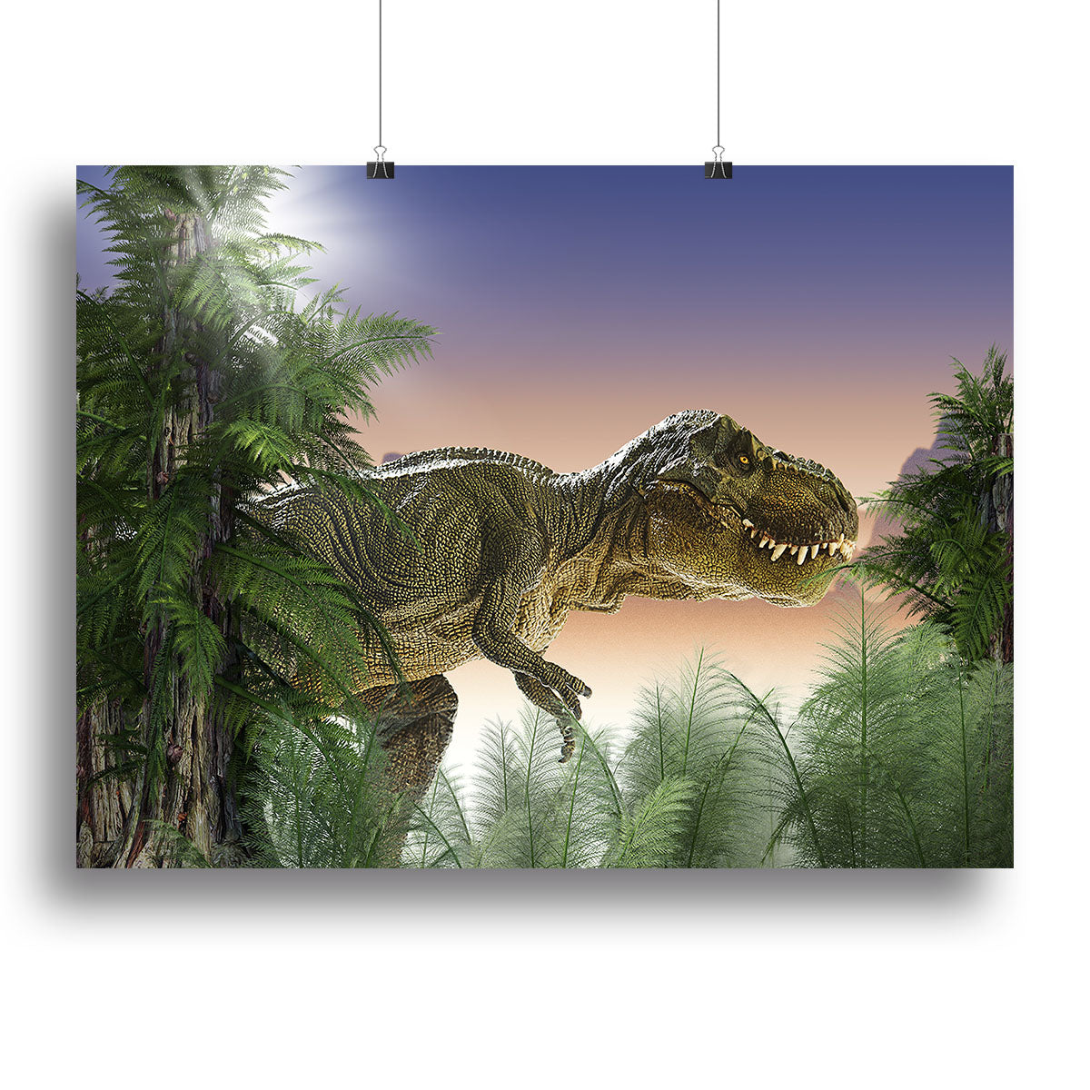 A vibrant dinosaur canvas print showcasing detailed dinosaur illustrations in bright colors, perfect for home or office decor.