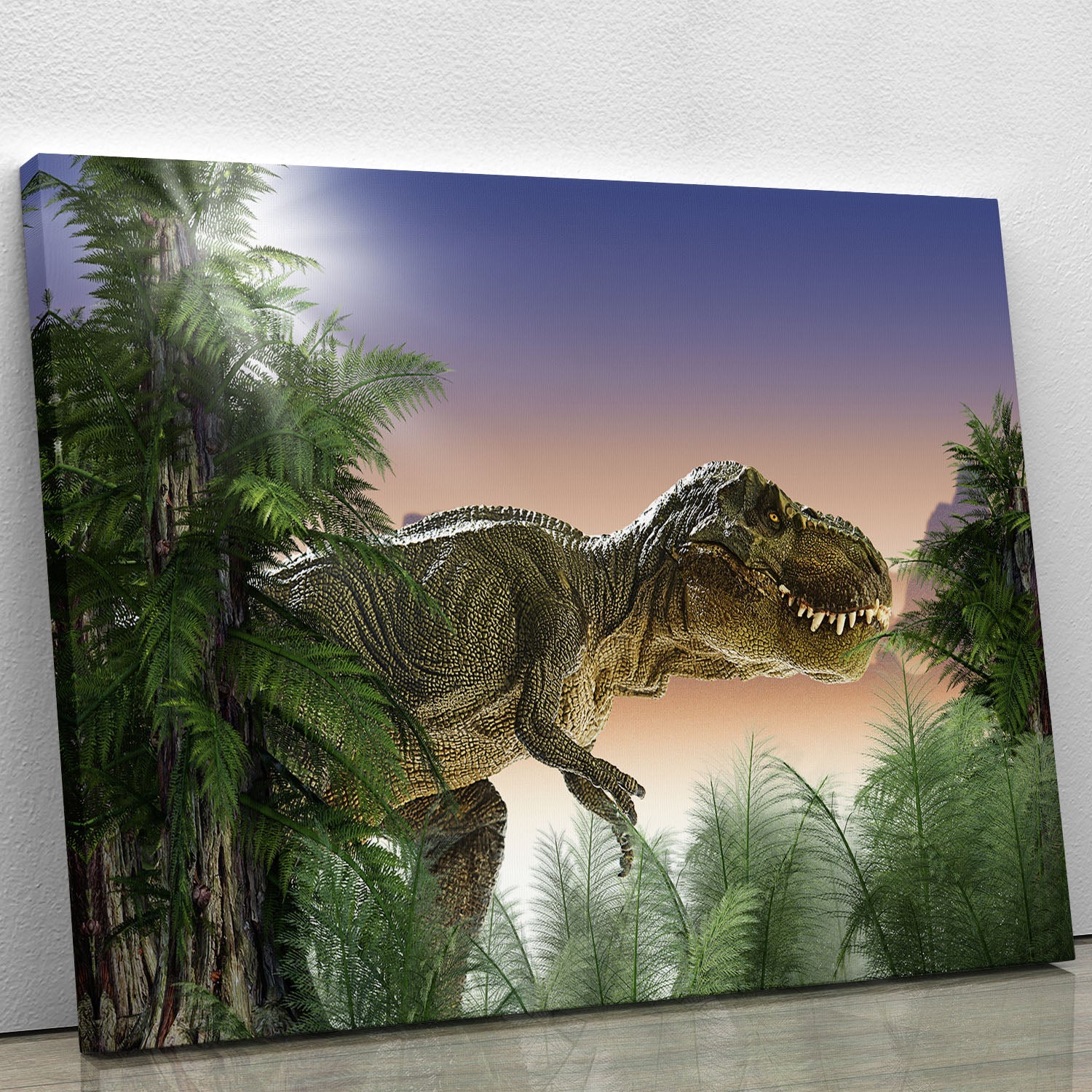 A vibrant dinosaur canvas print showcasing detailed dinosaur illustrations in bright colors, perfect for home or office decor.