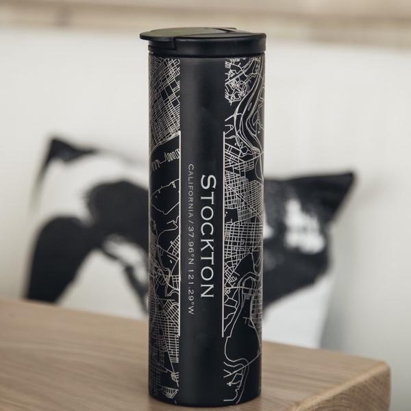 Custom engraved matte black tumbler featuring a detailed map of Stockton, California with coordinates.