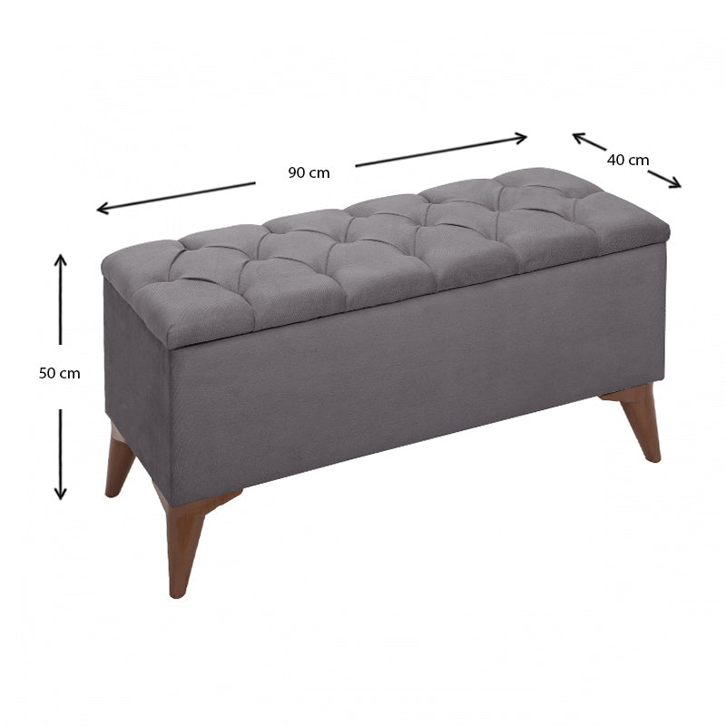 HERMANN Grey Stool with storage space, featuring a stylish fabric upholstery and walnut-colored legs, perfect for home or office use.