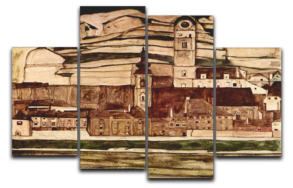 A 4-split canvas artwork titled Stone on the Danube II by Egon Schiele, showcasing vibrant colors and dynamic design across four panels.