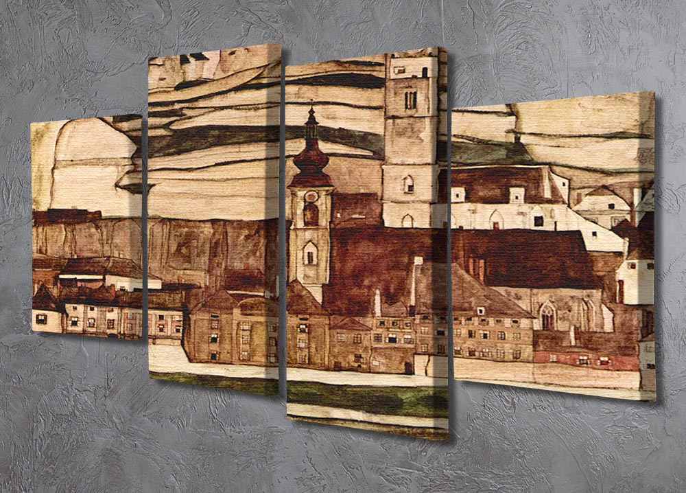 A 4-split canvas artwork titled Stone on the Danube II by Egon Schiele, showcasing vibrant colors and dynamic design across four panels.