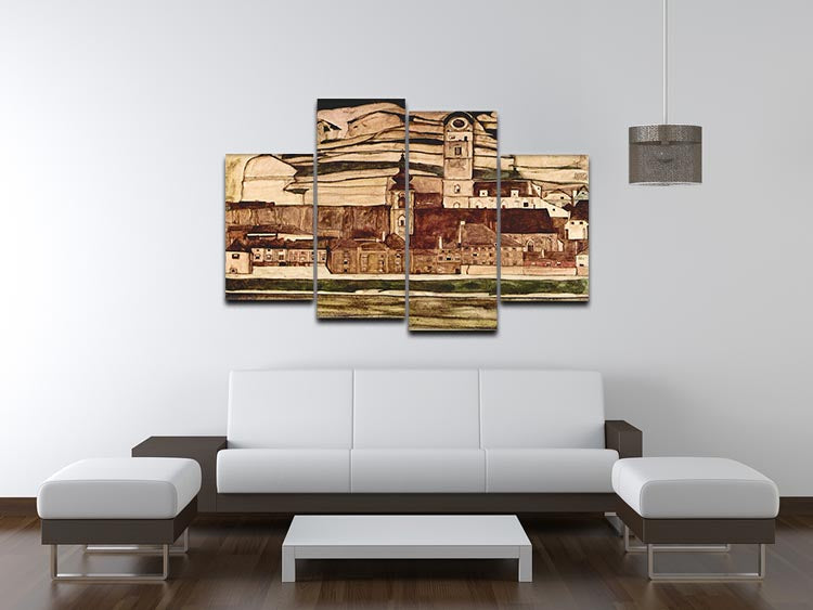 A 4-split canvas artwork titled Stone on the Danube II by Egon Schiele, showcasing vibrant colors and dynamic design across four panels.