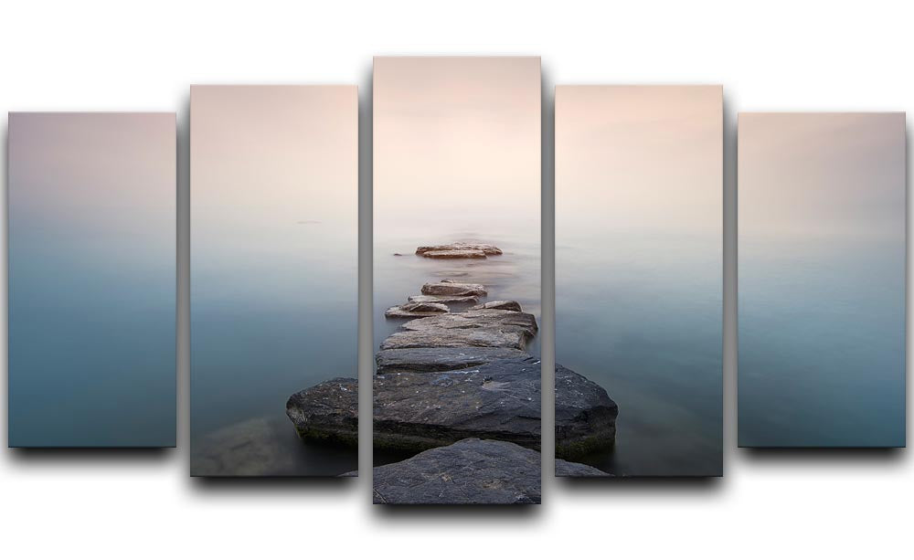 A beautiful 5-split panel canvas artwork depicting stones in a misty lake, creating a serene and tranquil atmosphere.