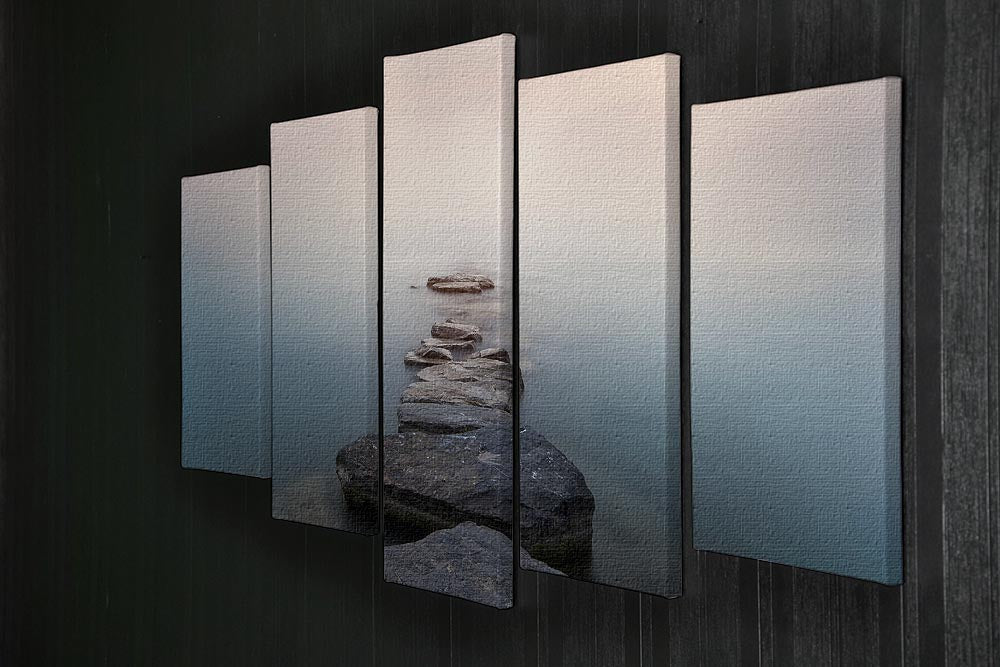 A beautiful 5-split panel canvas artwork depicting stones in a misty lake, creating a serene and tranquil atmosphere.