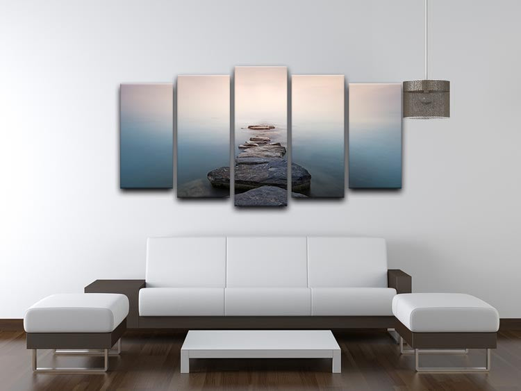 A beautiful 5-split panel canvas artwork depicting stones in a misty lake, creating a serene and tranquil atmosphere.