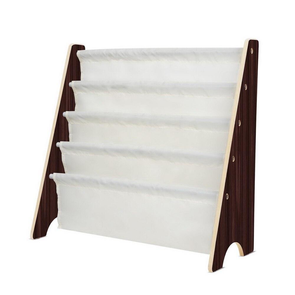Dark brown MDF storage rack with white fabric cover, designed for books and magazines, featuring multiple layers for organization.