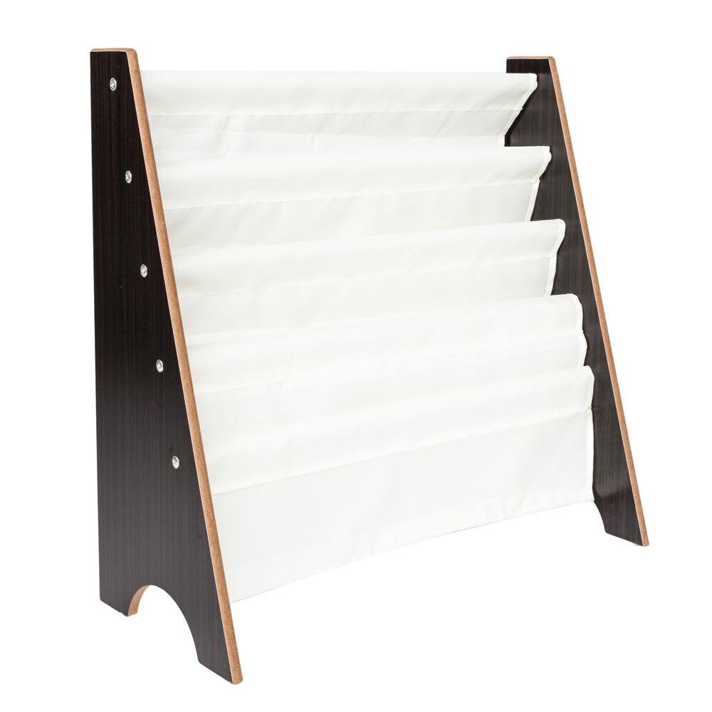 Dark brown MDF storage rack with white fabric cover, designed for books and magazines, featuring multiple layers for organization.