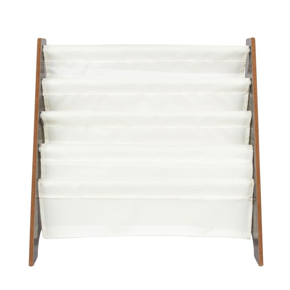 Dark brown MDF storage rack with white fabric cover, designed for books and magazines, featuring multiple layers for organization.