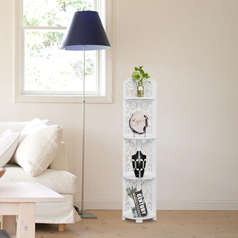 Stylish white storage shelf with Daqing carving design, featuring four layers for bathroom organization.