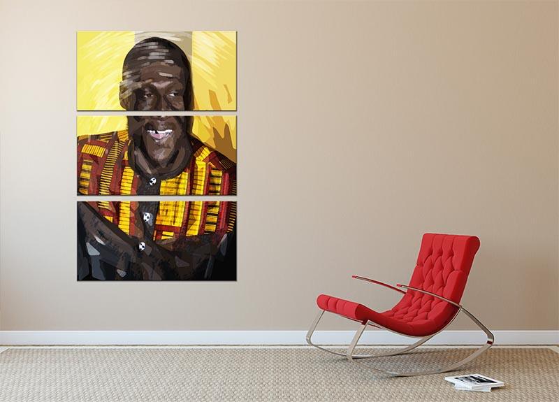 A vibrant Stormzy Pop Art 3 Split Panel Canvas Print featuring bold colors and modern design, perfect for enhancing any living space.