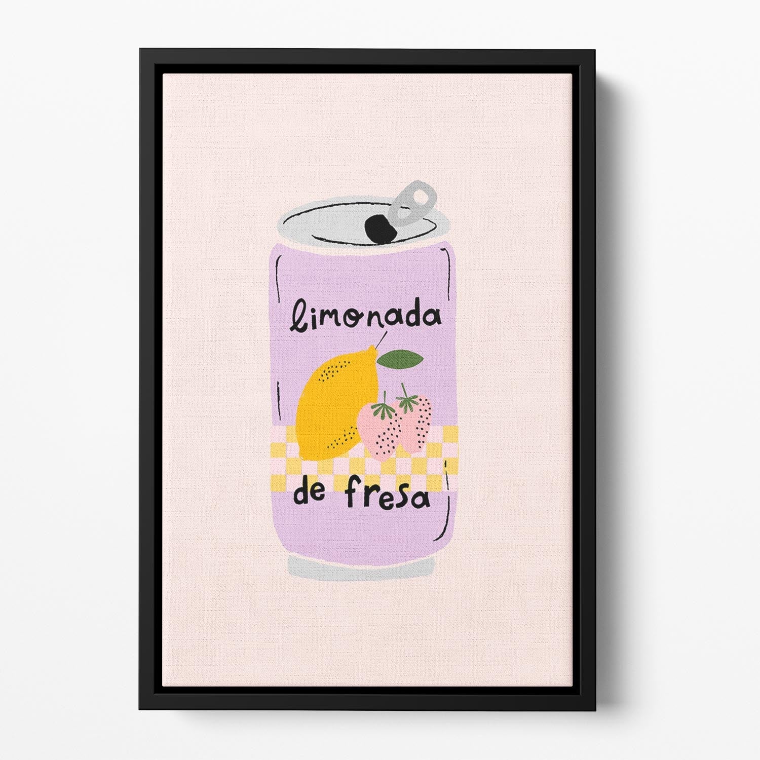 Strawberry Lemonade Floating Framed Canvas featuring vibrant colors and abstract design in an elegant wooden frame.