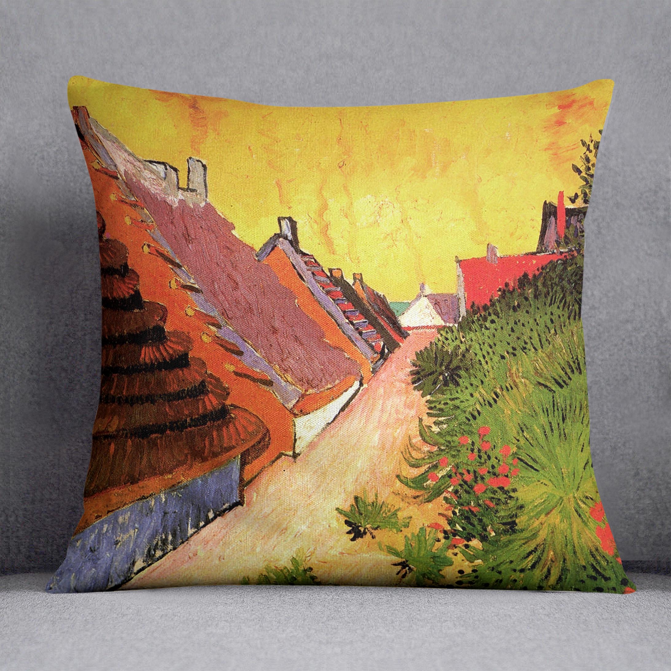 Vibrant cushion featuring Van Gogh's Street in Saintes-Maries design on luxurious vegan faux suede.