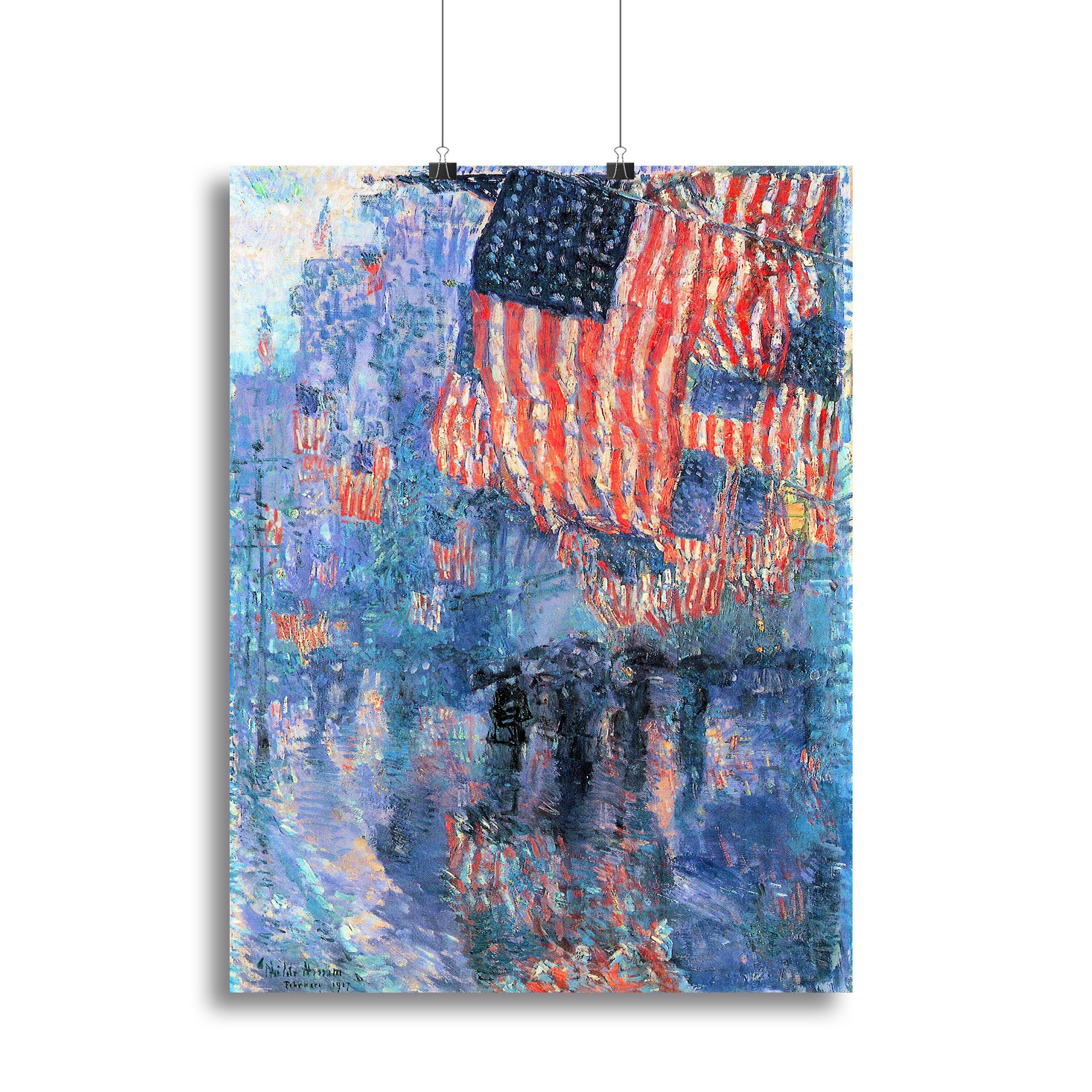 Canvas print of Street in the Rain by Hassam, showcasing a rainy urban scene with vibrant colors and intricate details.