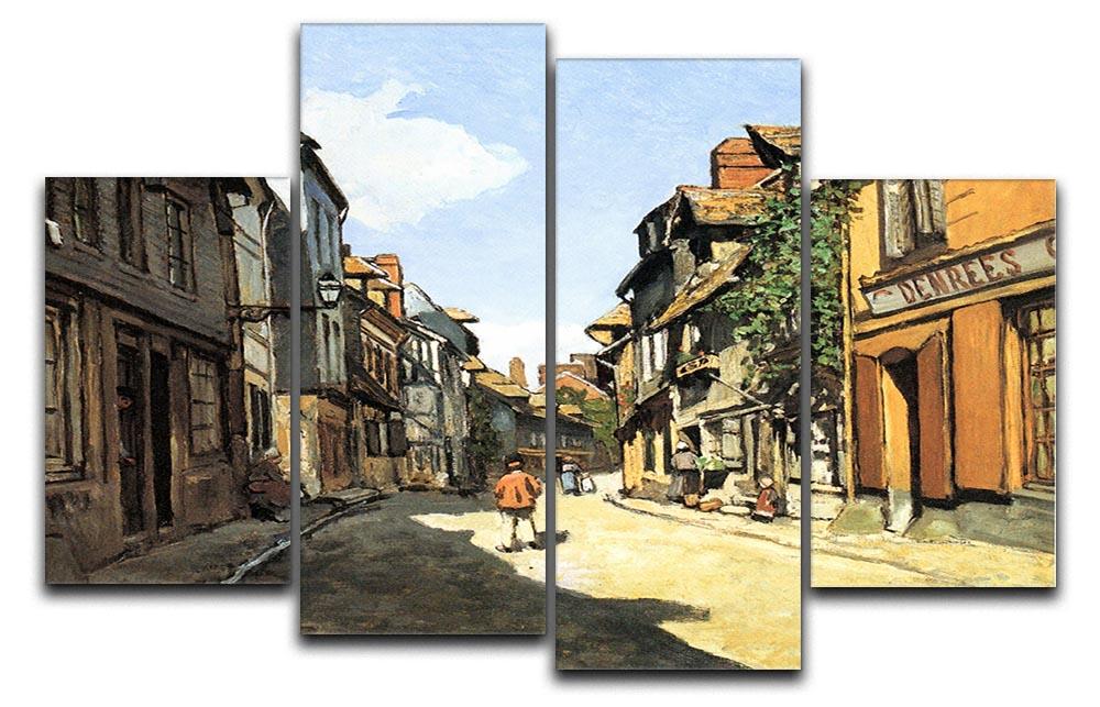 A 4-split canvas artwork featuring Monet's Street of Bavolle, showcasing vibrant colors and intricate details across four panels.