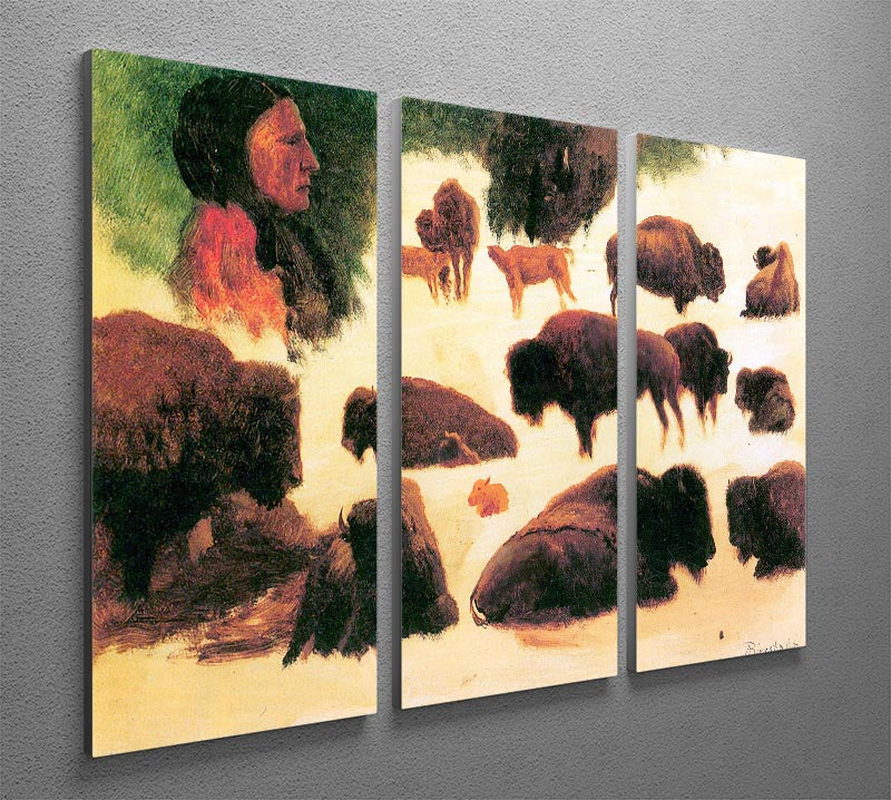 Three-panel canvas print featuring the Study of Buffaloes by Bierstadt, showcasing detailed buffalo artwork in a natural setting.