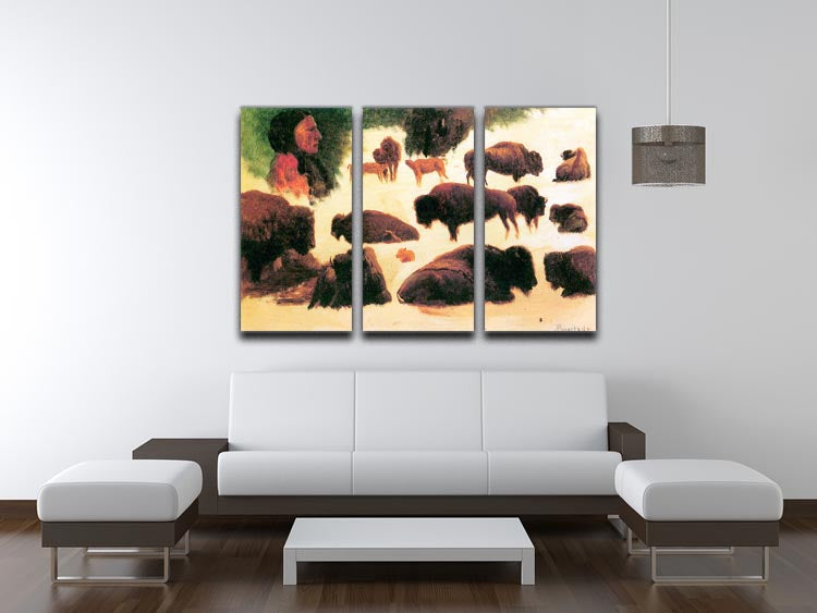 Three-panel canvas print featuring the Study of Buffaloes by Bierstadt, showcasing detailed buffalo artwork in a natural setting.
