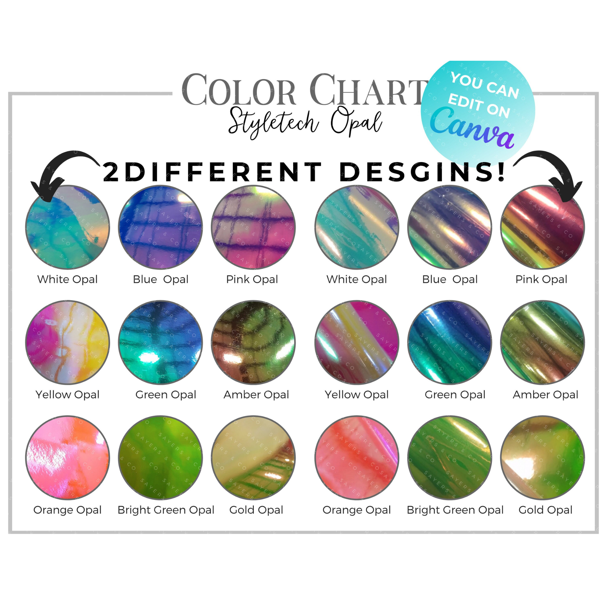 Style-tech Opal Adhesive Vinyl Color Chart showcasing a variety of vibrant colors available for digital download.