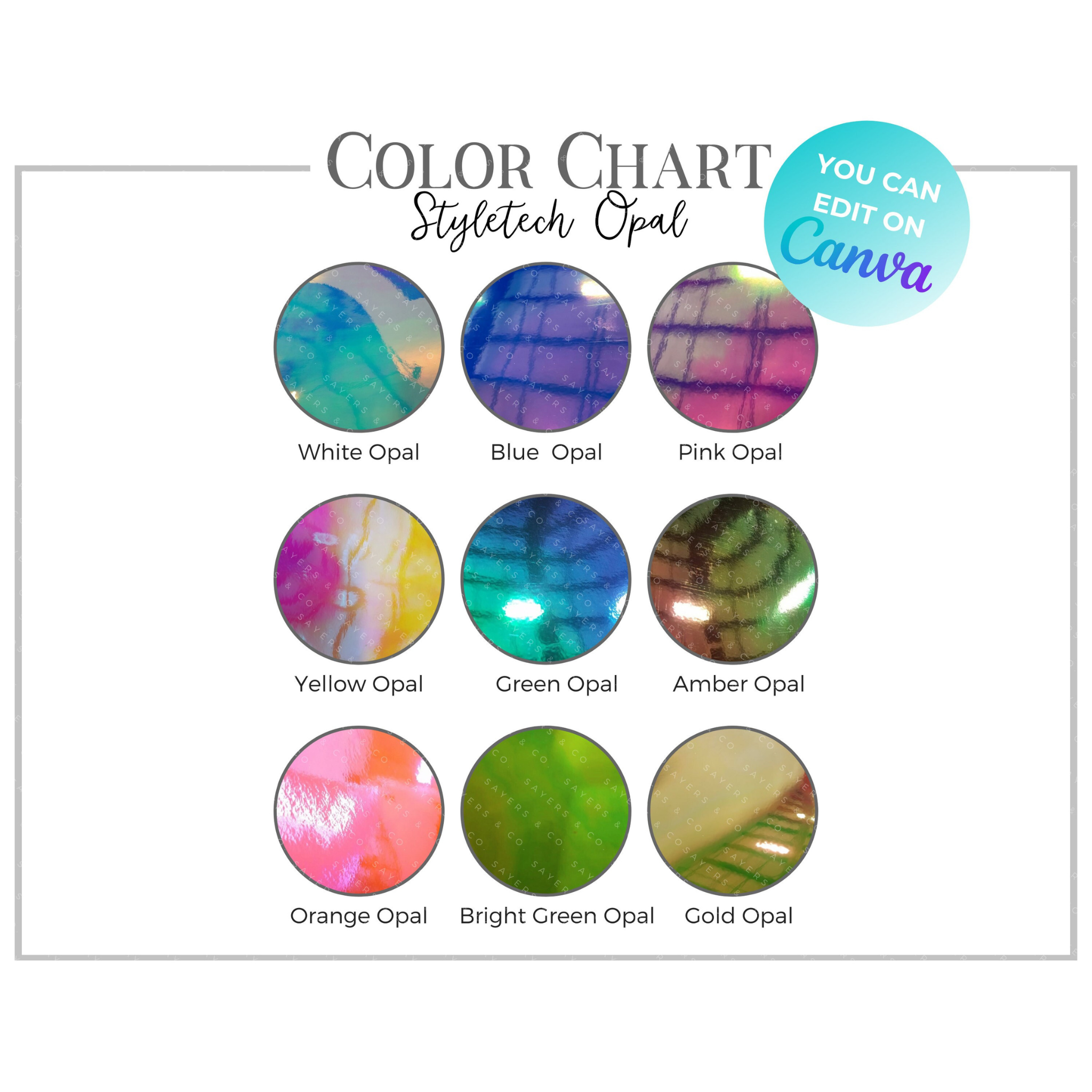 Style-tech Opal Adhesive Vinyl Color Chart showcasing a variety of vibrant colors available for digital download.