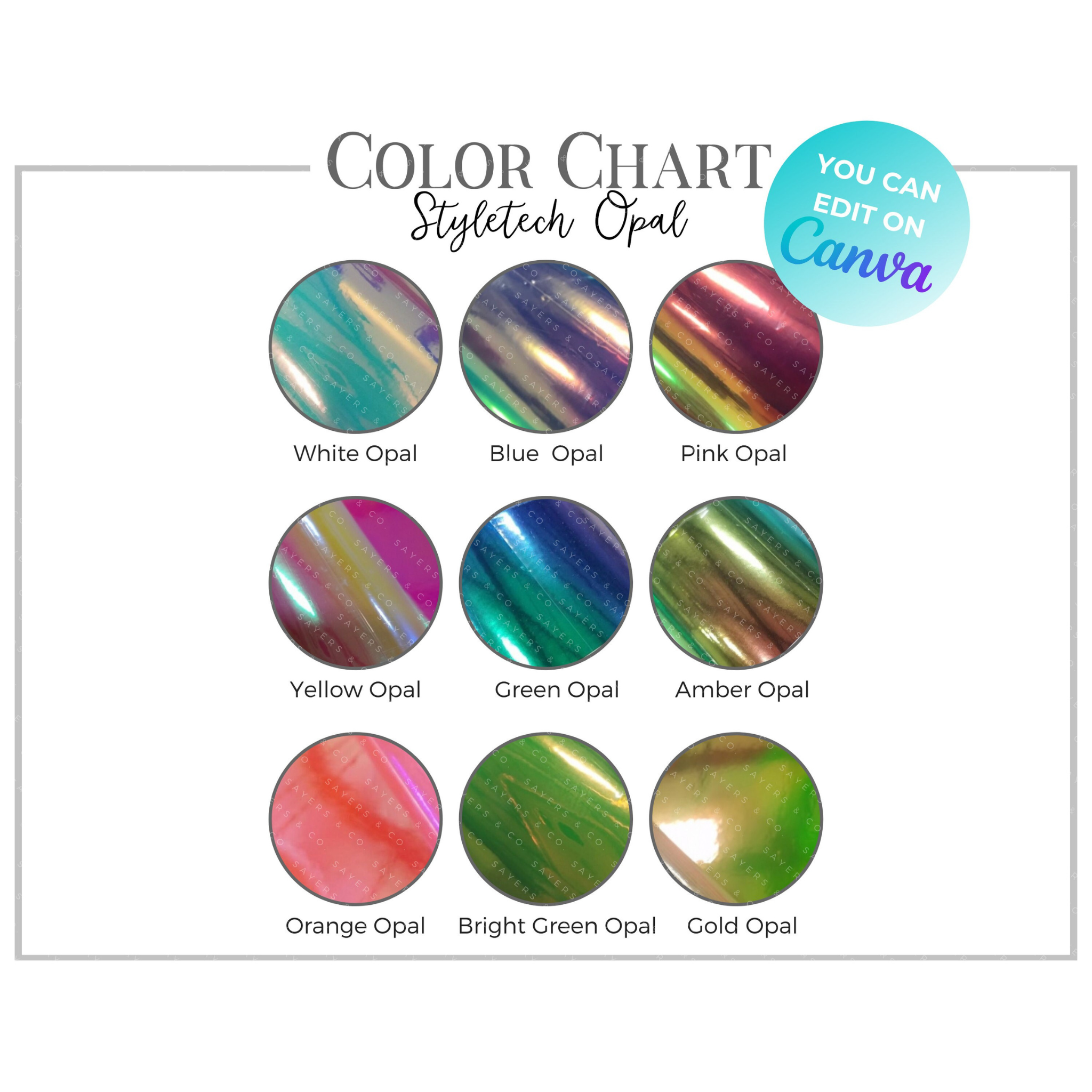 Style-tech Opal Adhesive Vinyl Color Chart showcasing a variety of vibrant colors available for digital download.