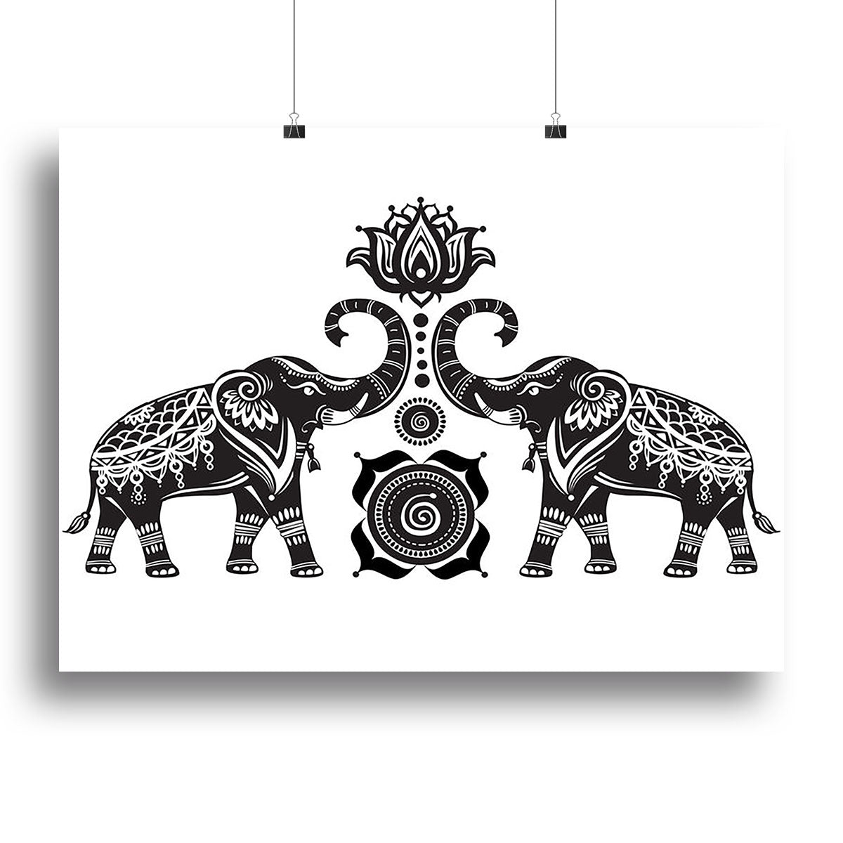 Stylized canvas print featuring decorated elephants and lotus flowers, showcasing vibrant colors and intricate details, perfect for home decor.