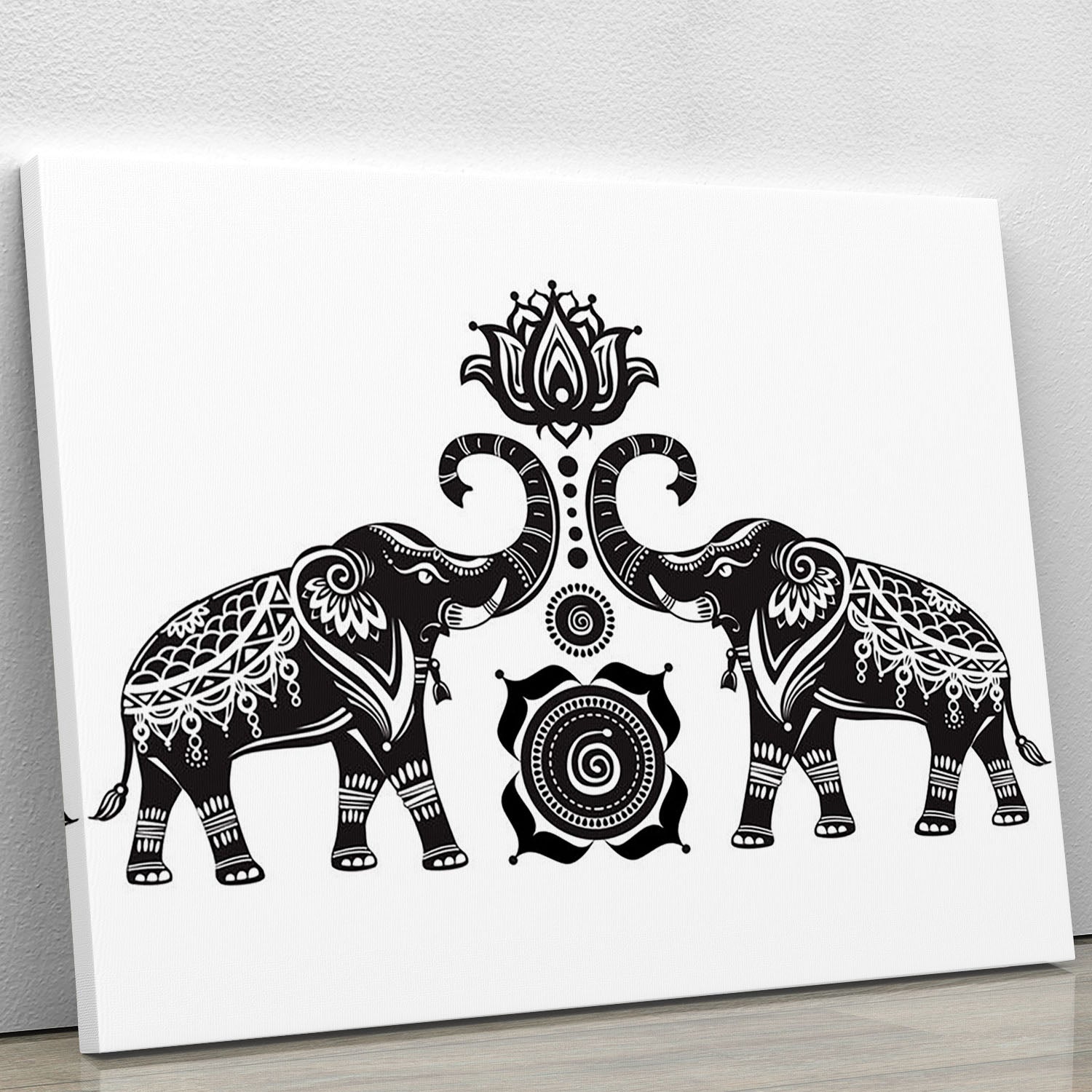 Stylized canvas print featuring decorated elephants and lotus flowers, showcasing vibrant colors and intricate details, perfect for home decor.