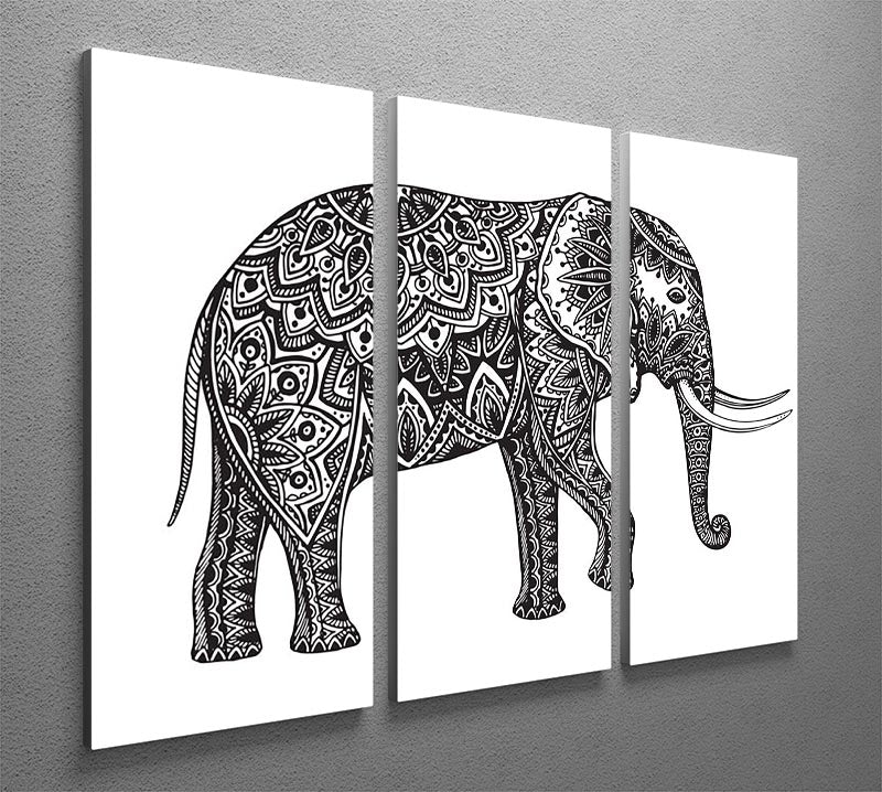 Stylized fantasy patterned elephant 3-panel canvas print showcasing vibrant colors and intricate designs, perfect for home decor.