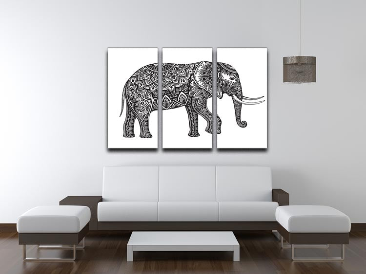 Stylized fantasy patterned elephant 3-panel canvas print showcasing vibrant colors and intricate designs, perfect for home decor.