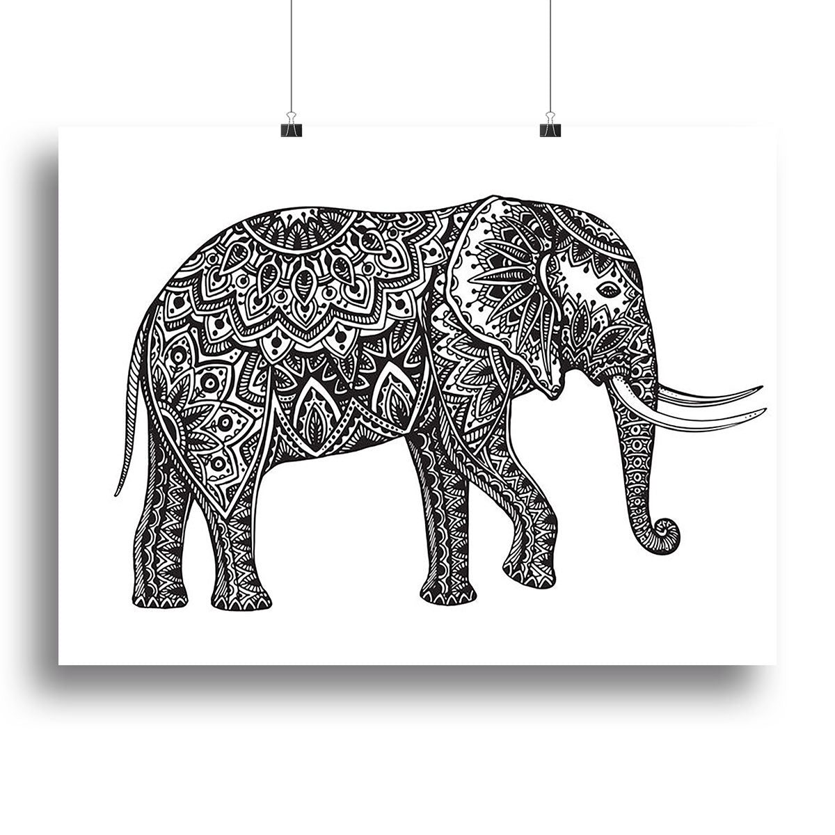 Stylized fantasy patterned elephant canvas print showcasing intricate designs and vibrant colors, perfect for home decor.