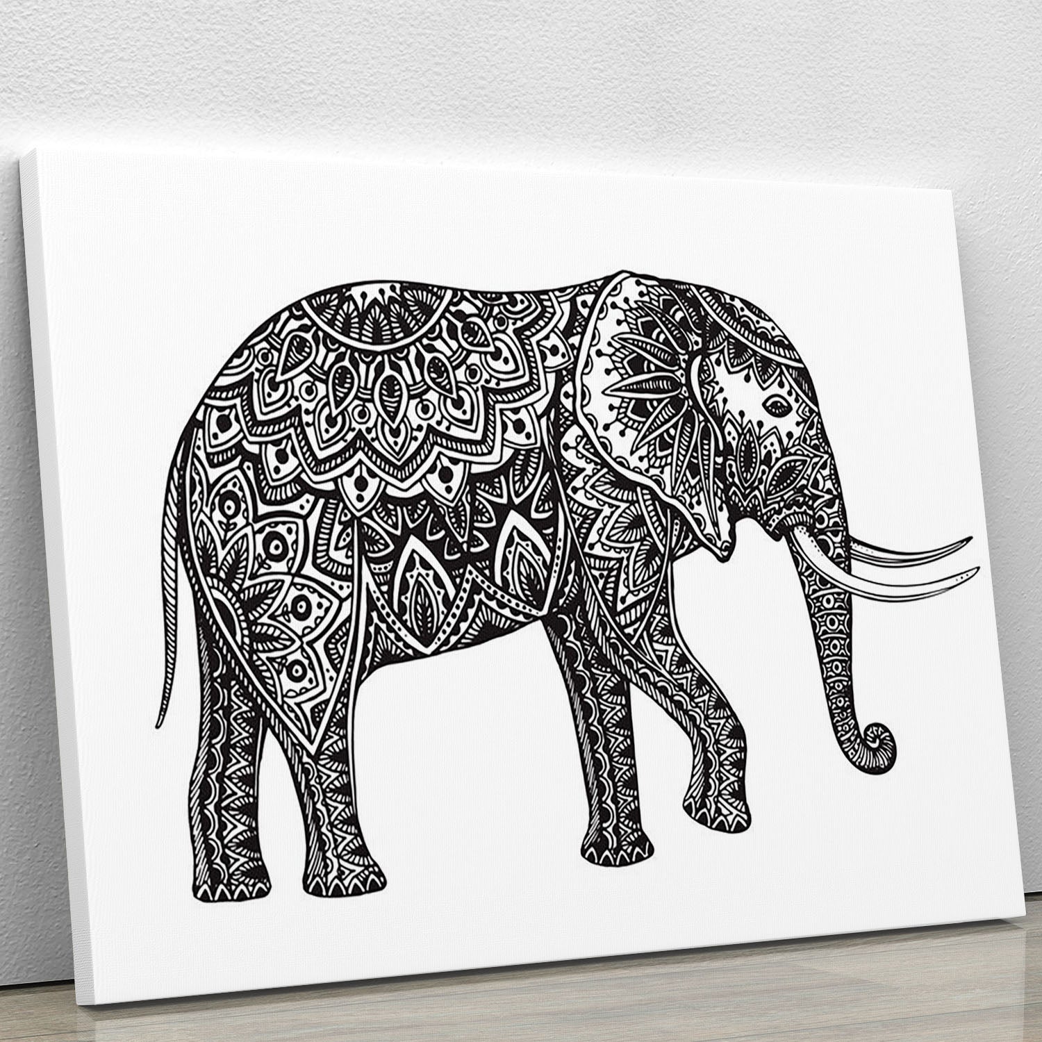 Stylized fantasy patterned elephant canvas print showcasing intricate designs and vibrant colors, perfect for home decor.