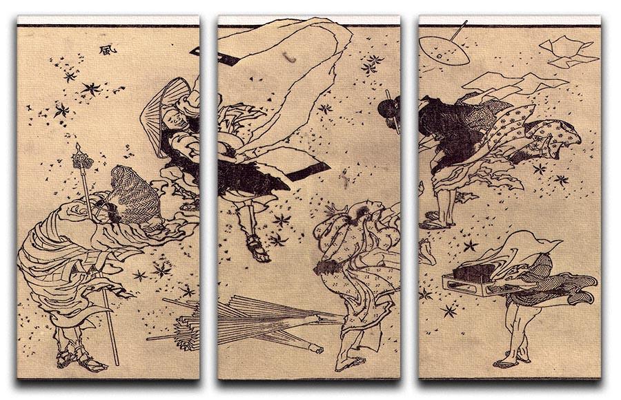 Three-panel canvas print of Sudden Wind by Hokusai, showcasing vibrant colors and intricate details of nature.