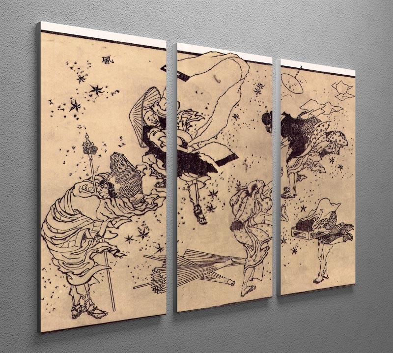Three-panel canvas print of Sudden Wind by Hokusai, showcasing vibrant colors and intricate details of nature.