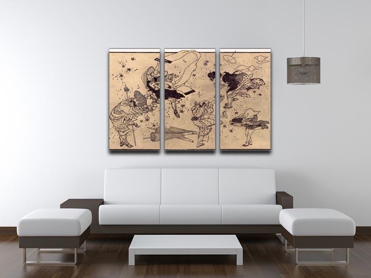 Three-panel canvas print of Sudden Wind by Hokusai, showcasing vibrant colors and intricate details of nature.