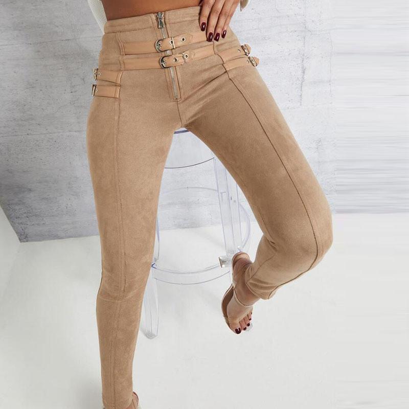 A pair of stylish khaki suede skinny high waist casual women pants with a belt buckle detail, perfect for autumn fashion.