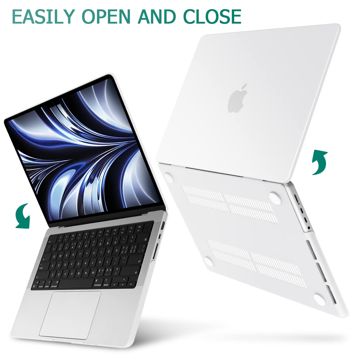 Frosted hard shell case for MacBook Pro 14 inch, designed for M2 A2779 and M1 A2442 models, showcasing its sleek design and keyboard cover.