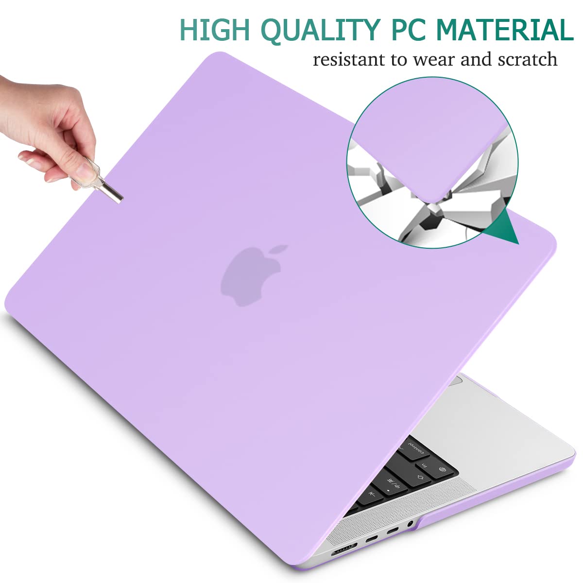 Frosted hard shell case for MacBook Pro 14 inch, designed for M2 A2779 and M1 A2442 models, showcasing its sleek design and keyboard cover.