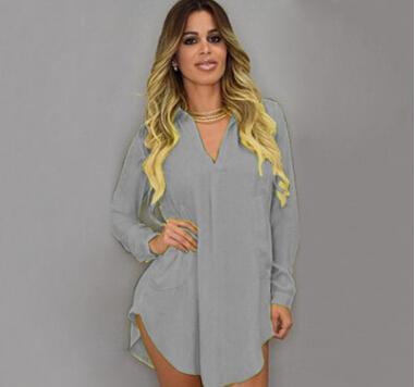 A stylish Summer Sexy V Neck Short Beach Dress in white chiffon, featuring a mini length and long sleeves, perfect for casual summer outings.