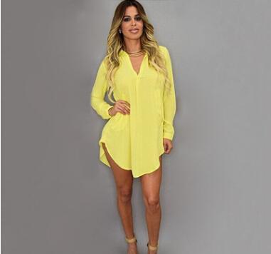 A stylish Summer Sexy V Neck Short Beach Dress in white chiffon, featuring a mini length and long sleeves, perfect for casual summer outings.