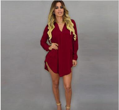 A stylish Summer Sexy V Neck Short Beach Dress in white chiffon, featuring a mini length and long sleeves, perfect for casual summer outings.