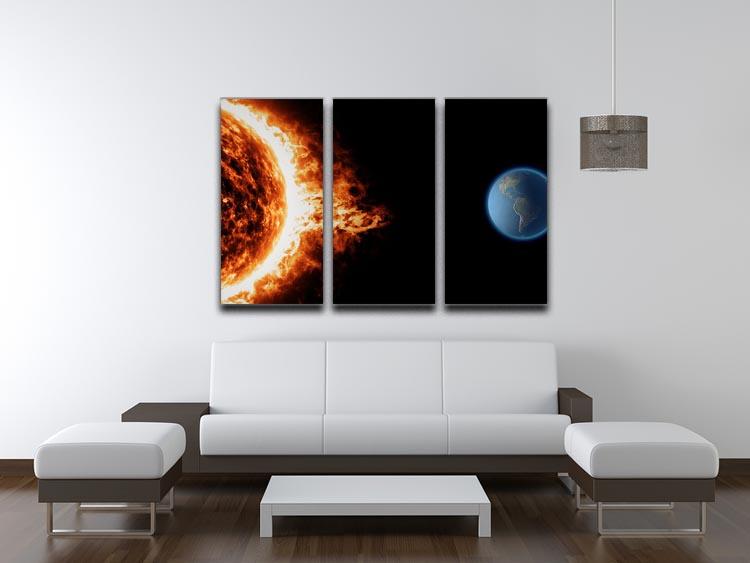 A stunning 3-panel canvas print depicting a solar storm, showcasing vibrant colors and dynamic imagery, perfect for home or office decor.
