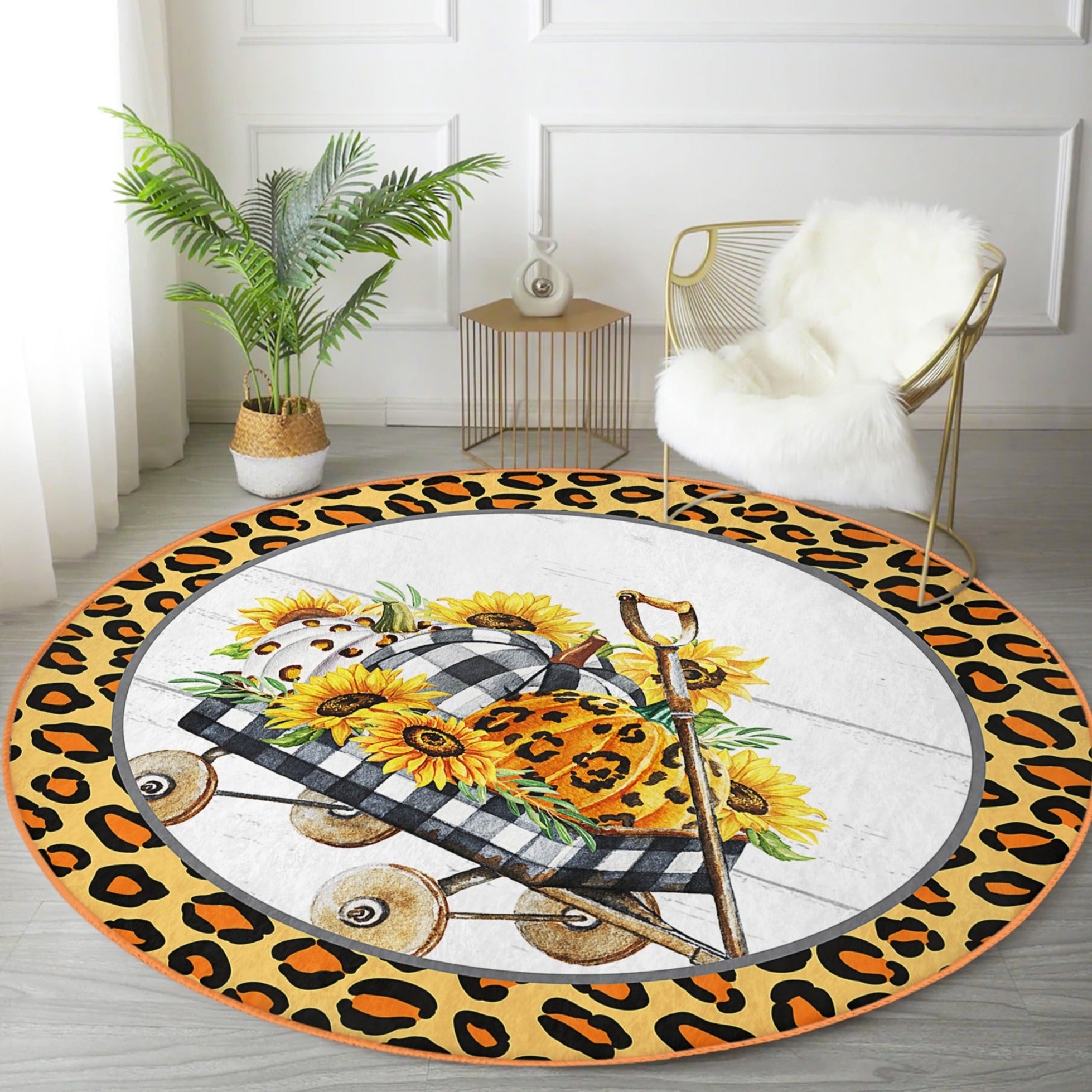 A vibrant round rug featuring a sunflower design, made from soft velvet fabric, perfect for fall home decor.