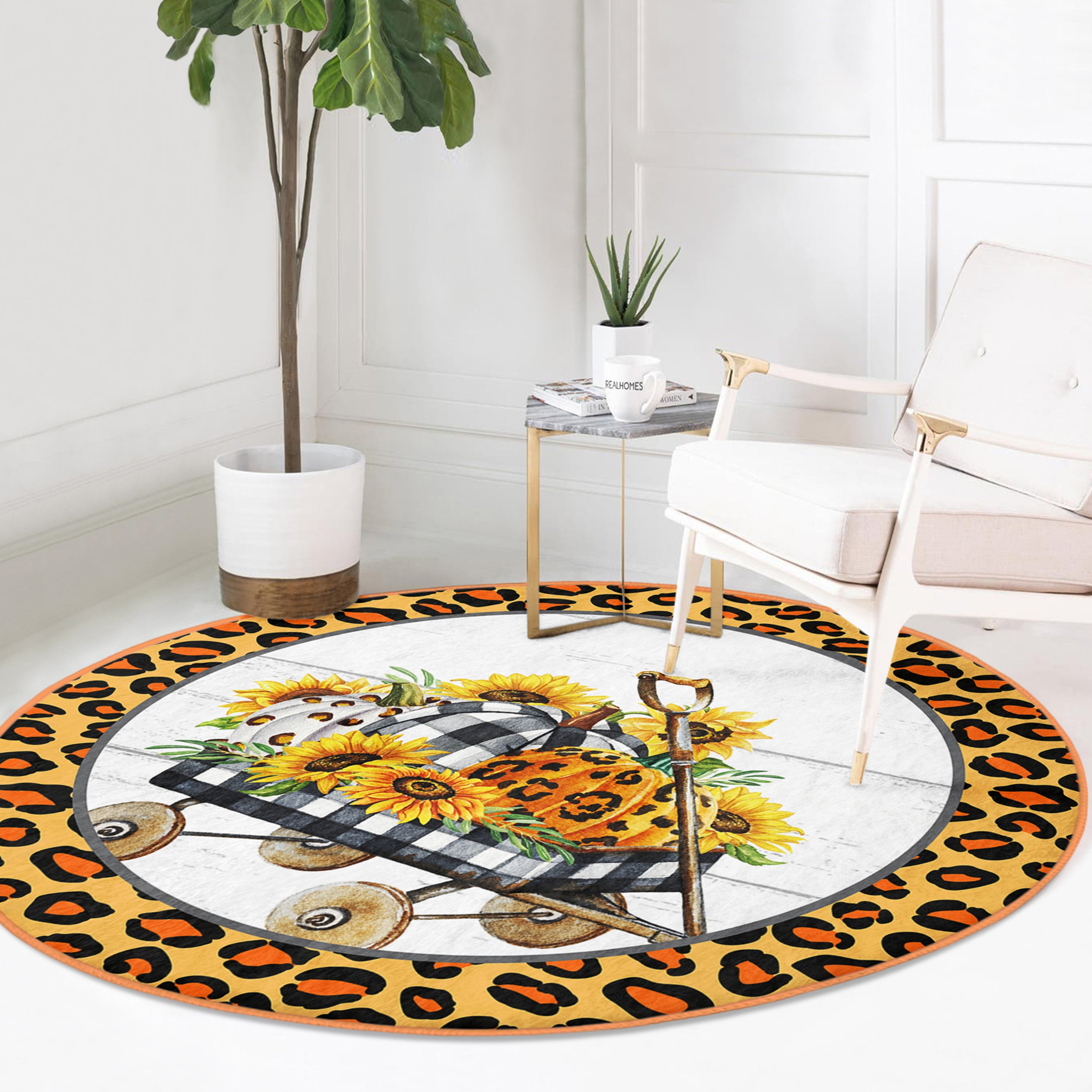 A vibrant round rug featuring a sunflower design, made from soft velvet fabric, perfect for fall home decor.