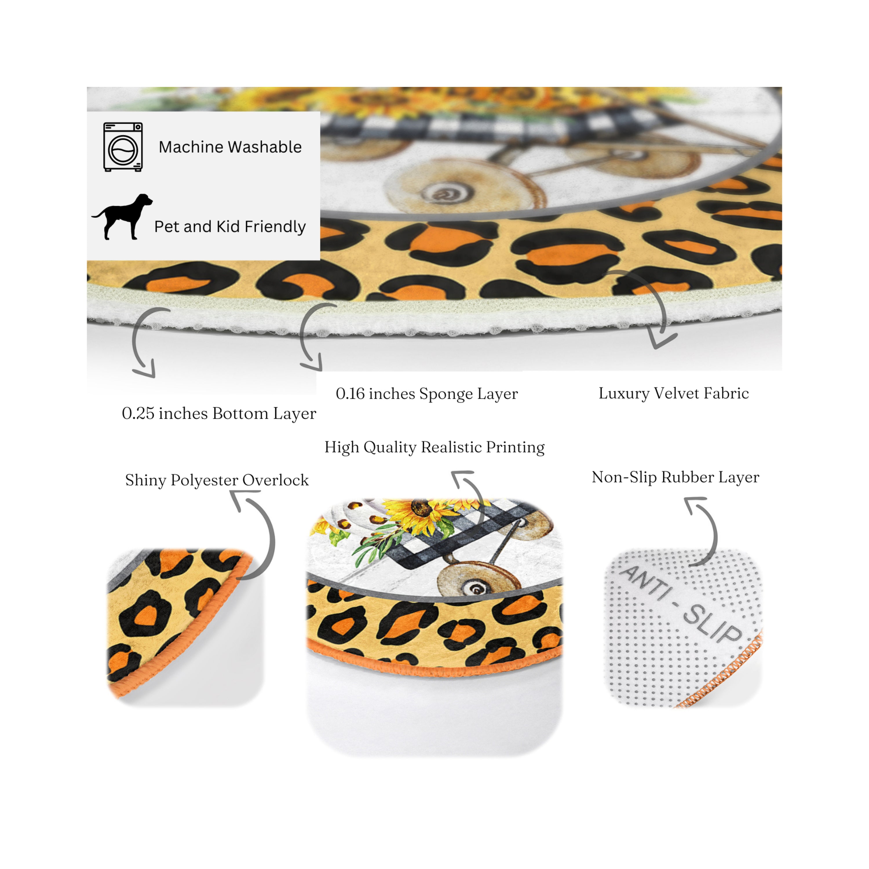 A vibrant round rug featuring a sunflower design, made from soft velvet fabric, perfect for fall home decor.