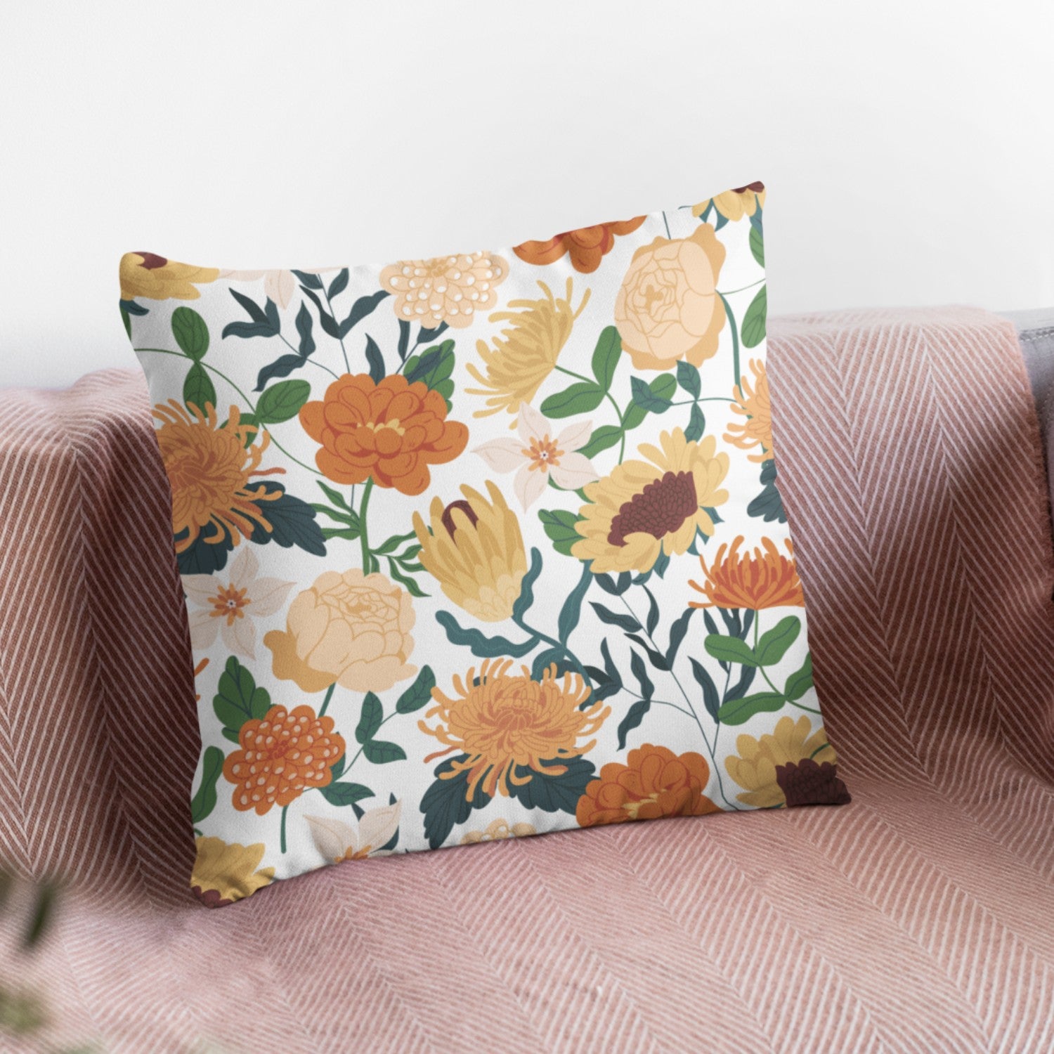 Sunflower Pattern Home Decor Throw Pillow with vibrant yellow sunflowers on a cream background, perfect for living room decor.