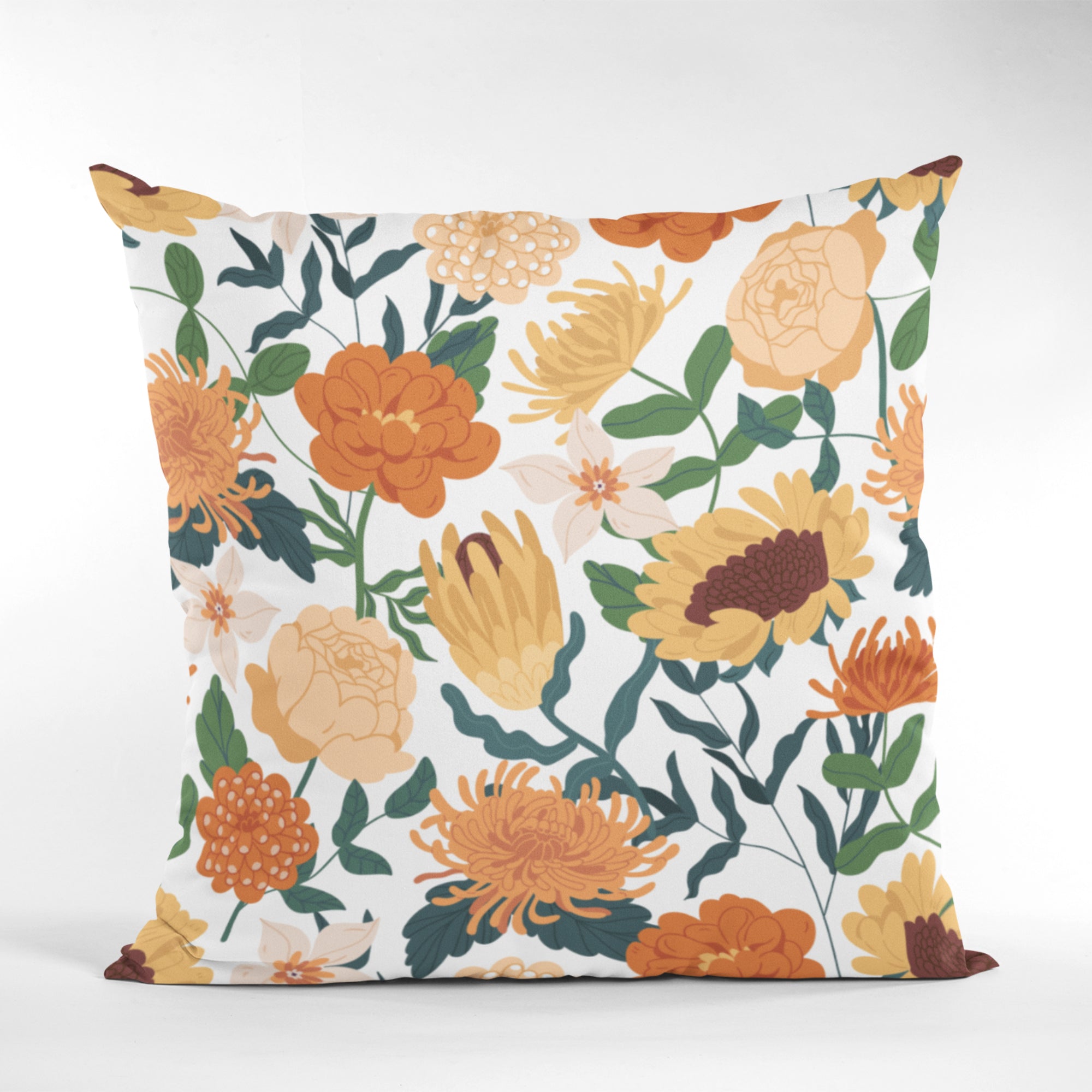 Sunflower Pattern Home Decor Throw Pillow with vibrant yellow sunflowers on a cream background, perfect for living room decor.