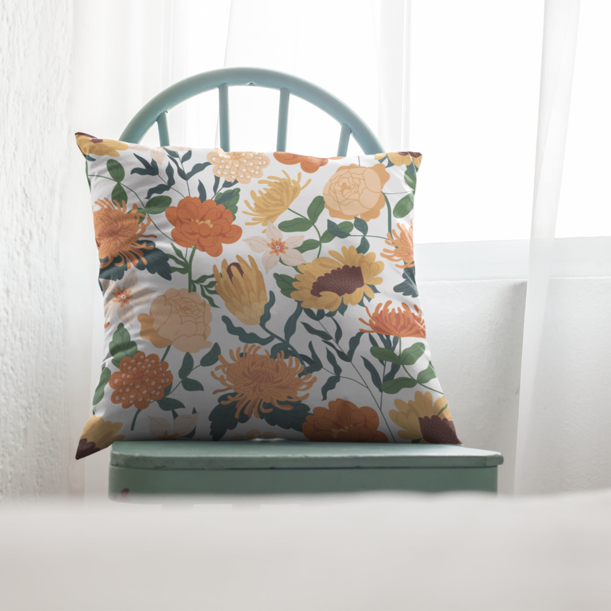 Sunflower Pattern Home Decor Throw Pillow with vibrant yellow sunflowers on a cream background, perfect for living room decor.