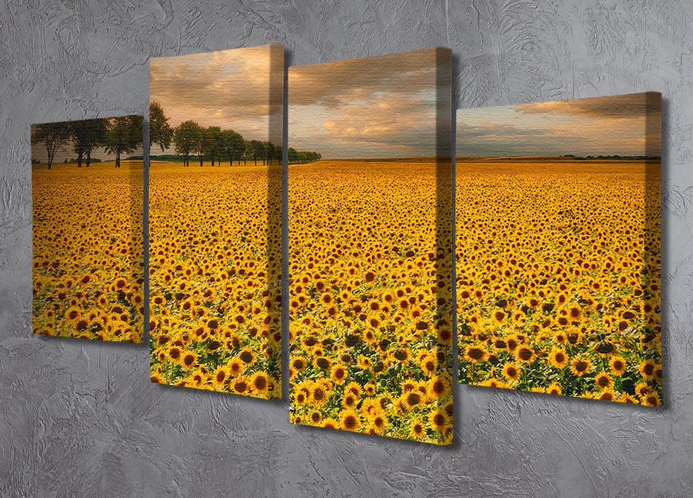 A vibrant 4-panel canvas artwork featuring sunflowers, showcasing a dynamic and colorful design perfect for home decor.