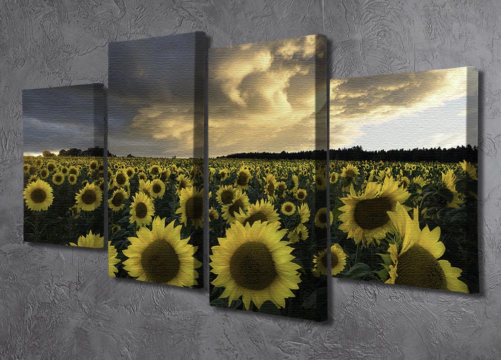 A vibrant 4-panel canvas artwork featuring sunflowers in a scenic Swedish landscape, showcasing bright colors and intricate details.